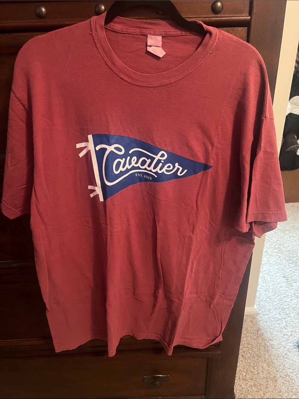 Vintage Burgundy Tee with Blue and White Script - Vintage